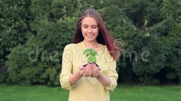 手里拿着绿色年轻植物的年轻女子视频的预览图