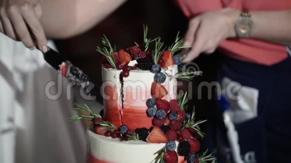 新婚夫妇在晚会上切庆祝蛋糕视频的预览图