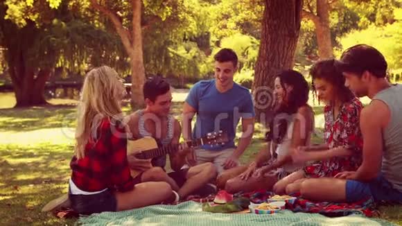 快乐的朋友在公园野餐和弹吉他视频的预览图