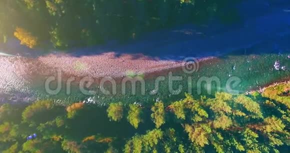 在阳光明媚的夏季早晨中气飞越清新干净的山河垂直移动视频的预览图