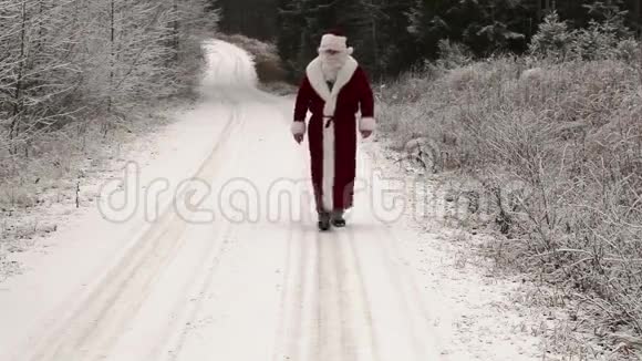 在雪道的树林里的圣诞老人视频的预览图