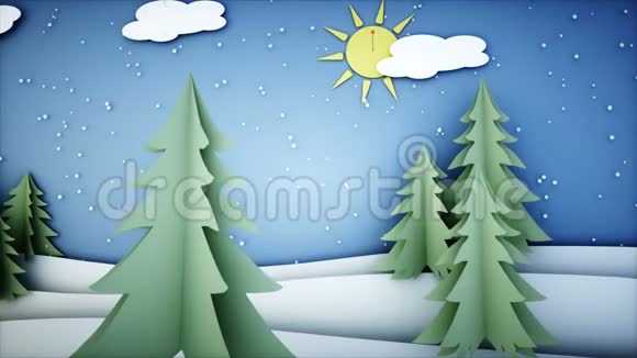 雪人纸平面动画新年快乐圣诞节背景下雪了逼真的4K动画视频的预览图