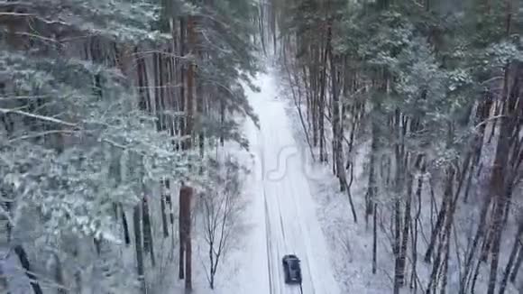 在冬季森林道路上驾驶汽车的鸟瞰图冬季景观视频的预览图