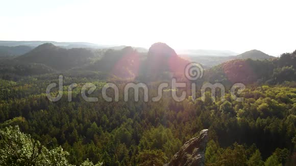 阳光明媚的春天日出在美丽的萨克森州山谷瑞士公园砂岩岩石视频的预览图