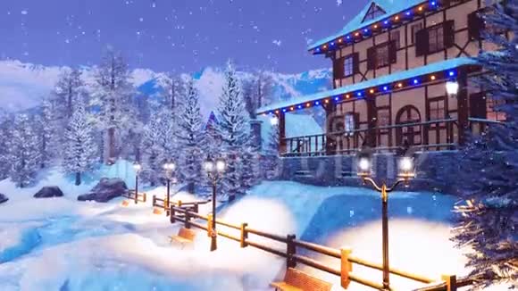 雪冬夜高山村滑雪胜地4K视频的预览图