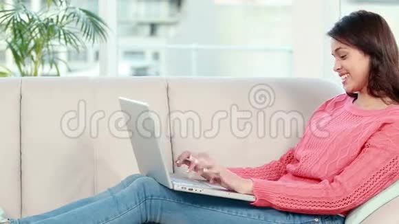 微笑的女人用笔记本电脑视频的预览图
