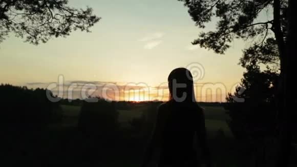 日落后森林中女人的剪影自由概念视频的预览图