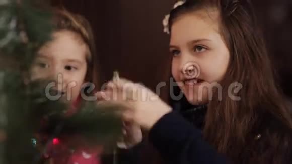 两个妹妹用杉木装饰圣诞树新年准备快乐的女孩和家人视频的预览图