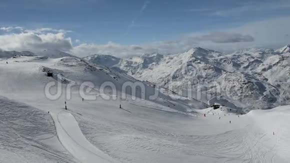 沿着带有滑雪道的山脉俯瞰全景视频的预览图