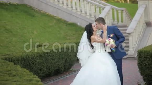 新郎新娘在公园散步接吻视频的预览图
