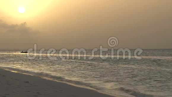 从海滩上飞过海洋的黄色日落视频的预览图