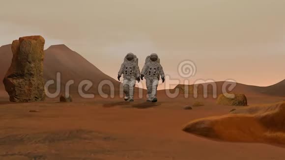 两名身穿太空服在火星表面行走的宇航员探索火星任务视频的预览图