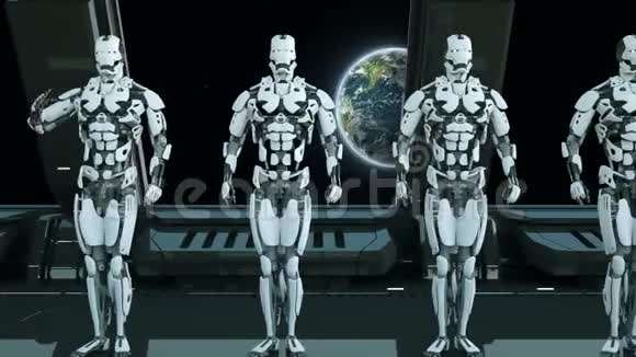 机器人士兵乘宇宙飞船在地球背景下敬礼不明飞行物的未来概念视频的预览图