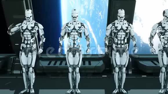 机器人士兵乘宇宙飞船在地球背景下敬礼不明飞行物的未来概念视频的预览图