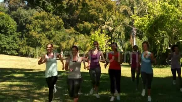 健身小组在公园慢跑视频的预览图