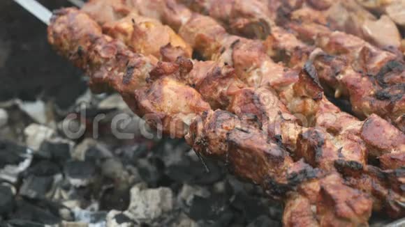 在煤的金属串上烹制猪肉视频的预览图