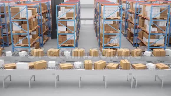 仓库内有纸板箱在托盘架物流中心巨大的现代化仓库纸板箱视频的预览图