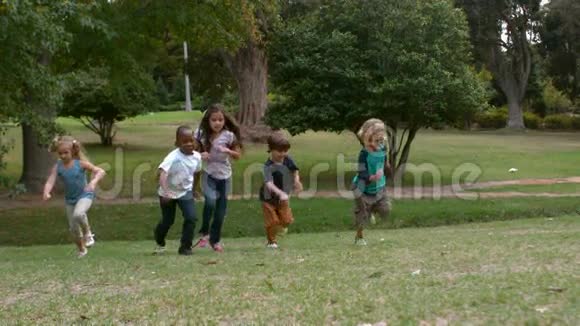 快乐的孩子们在公园里跑步视频的预览图