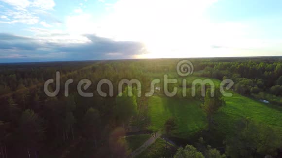 日落时飞越夏季森林和河流视频的预览图