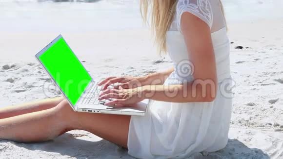 在海滩上用笔记本电脑的金发美女视频的预览图