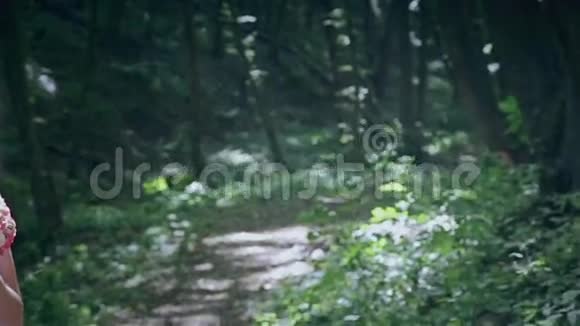 在阳光明媚的森林里的一对漂亮的新婚夫妇视频的预览图