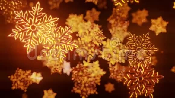 三维金色圣诞背景与波克和深场闪亮的玩具雪花悬挂在空中漂亮的3D视频的预览图