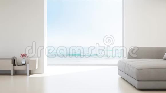 豪华夏季海滨别墅海景客厅配有玻璃窗和木地板视频的预览图