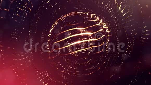 三维金红色背景与奇妙的发光粒子具有景深光效的三维立体动画视频的预览图
