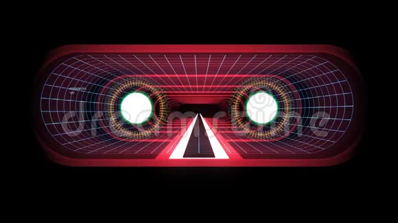 通过虚拟现实红色霓虹灯蓝格栅绿色灯光网络隧道HUD界面运动图形动画背景视频的预览图