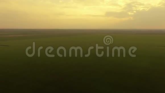 绿色田野背景下的壮丽日落鸟瞰视频的预览图