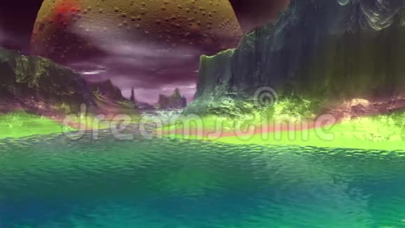 幻想外星人星球岩石和湖泊3D示例4K视频的预览图