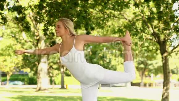 在公园里做瑜伽的金发美女视频的预览图