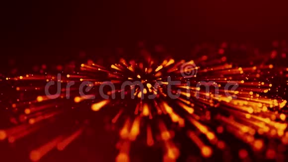 红色黄色发光粒子的4k三维动画漂浮在粘稠液体中并用光线闪烁它是明亮的视频的预览图