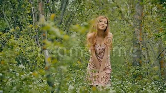 春天森林里美丽的女孩视频的预览图
