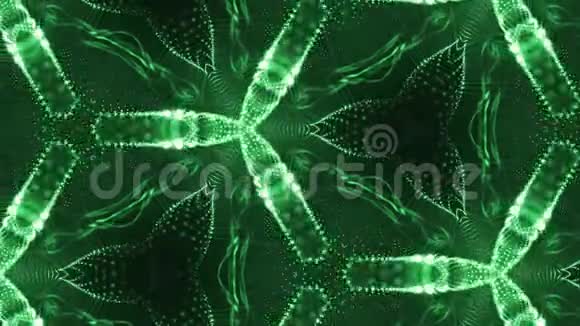 形成细胞的颗粒的复杂绿色组成三维循环平滑粒子动画与万花筒视频的预览图