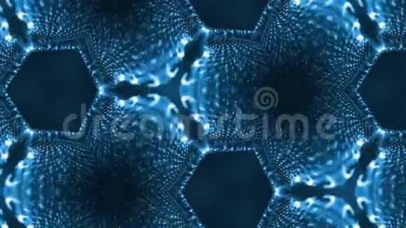 形成细胞的粒子的复杂蓝色组成三维循环平滑粒子动画与万花筒效果视频的预览图