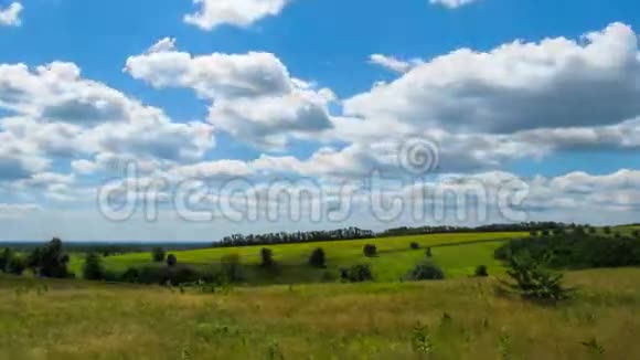 风景云彩在有树木的田野上移动视频的预览图