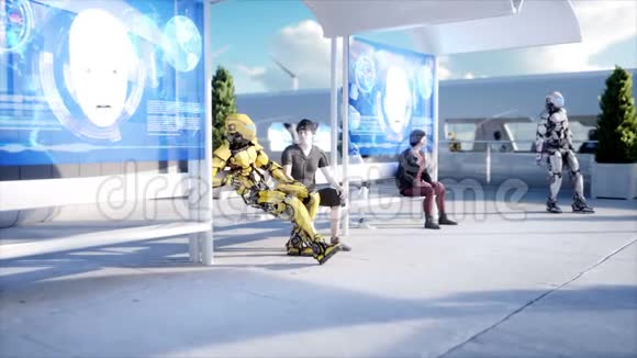 人和机器人科幻站未来派单轨运输未来的概念逼真的4K动画视频的预览图