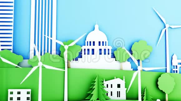 纸质卡通城市与风力涡轮机生态概念现实的4k动画视频的预览图