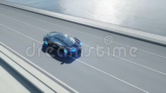 桥上黑色未来派汽车的三维模型开得很快未来的概念现实的4k动画视频的预览图