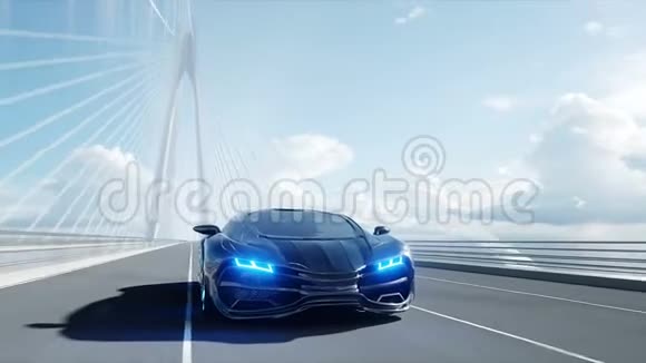 桥上黑色未来派汽车的三维模型开得很快未来的概念现实的4k动画视频的预览图