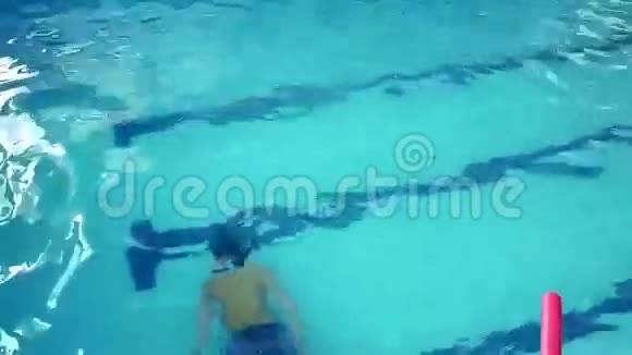 可爱的小男孩在游泳池里游泳视频的预览图