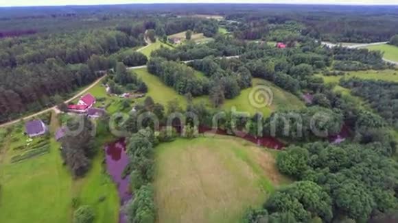 空中镜头森林田野和河流夏季自然景观视频的预览图