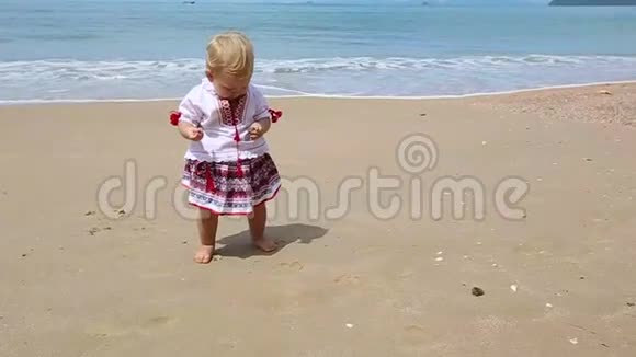 穿着乌克兰服装在海滩上刺绣的女孩视频的预览图