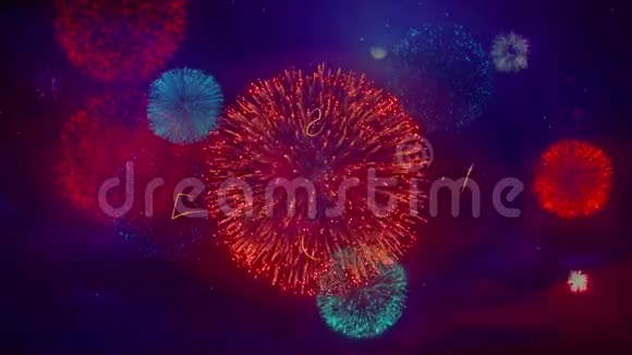 快乐新年问候文字火花粒子彩色烟花展示视频的预览图