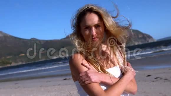 阳光明媚的一天美丽的金发女郎在海滩上看着摄像机视频的预览图