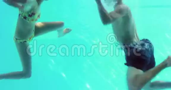快乐的一对情侣一起跳泳池视频的预览图
