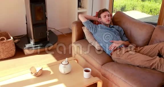 英俊的年轻人在沙发上放松视频的预览图