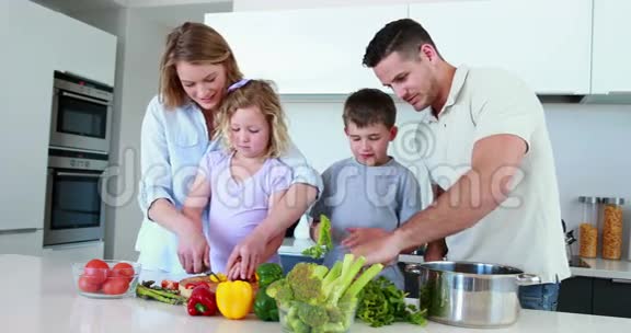 微笑的家人一起准备健康的晚餐视频的预览图