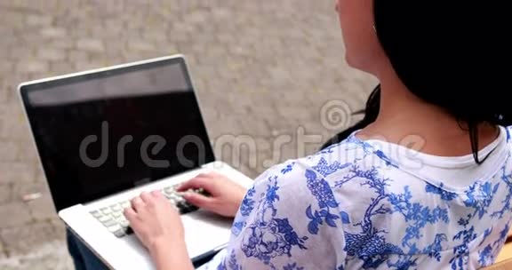 坐在公园长椅上的女人用笔记本电脑视频的预览图